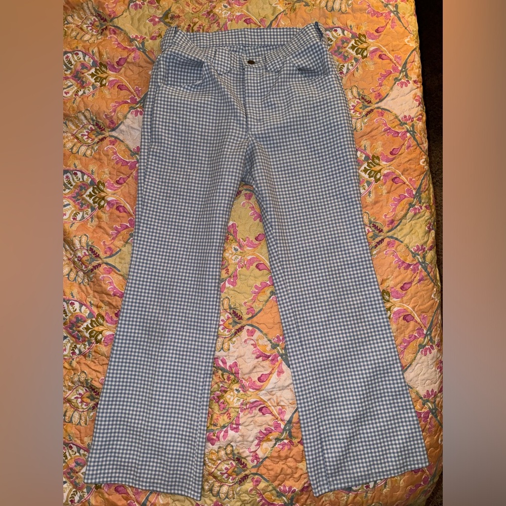 “Lee” Baby Blue Plaid Flare Stretch Pants